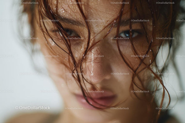 Close-Up of a Wet-Haired Woman with Water Droplets on Skin