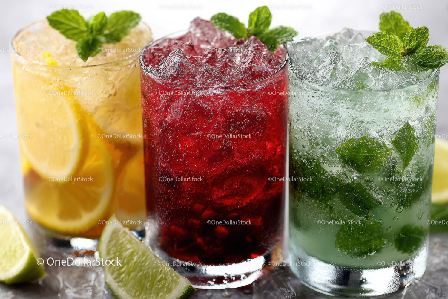 Colorful Refreshing Lemonade and Berry Cocktails with Mint