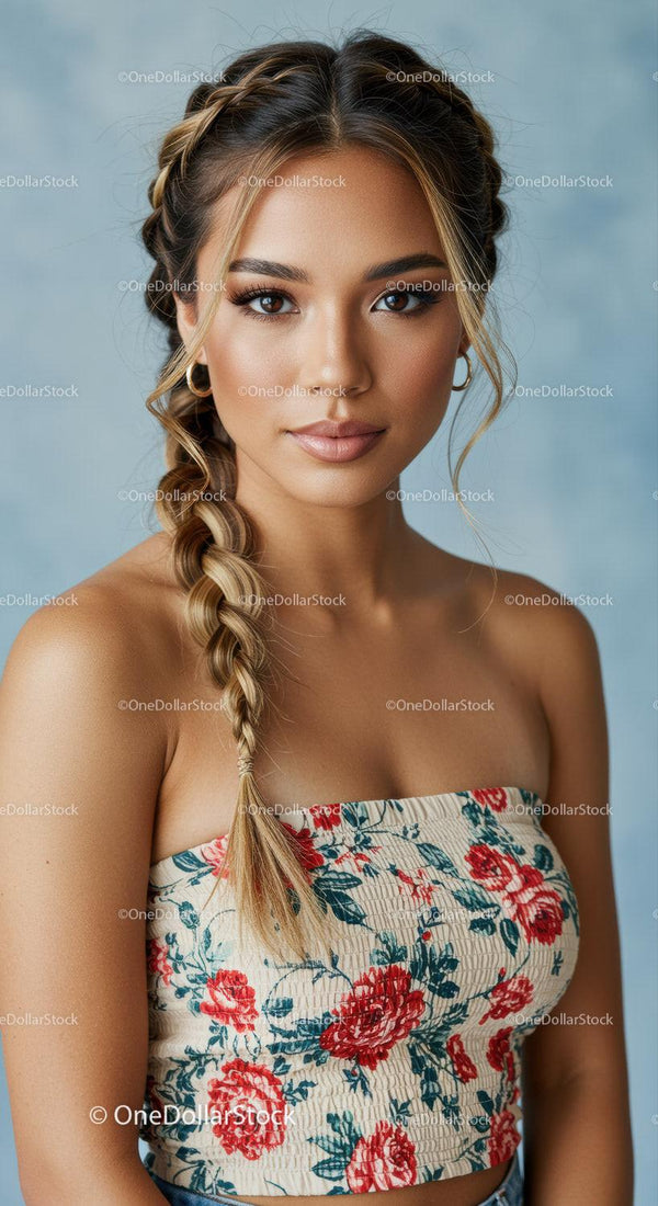 Young Woman with Braided Hair Wearing Floral Top in Studio Portrait