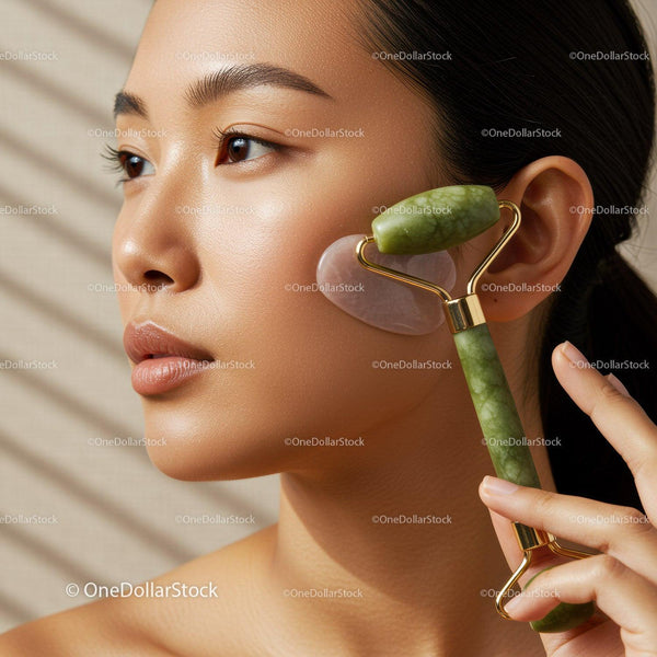 Close-up of Young Asian Woman Using Jade Roller for Facial Massage