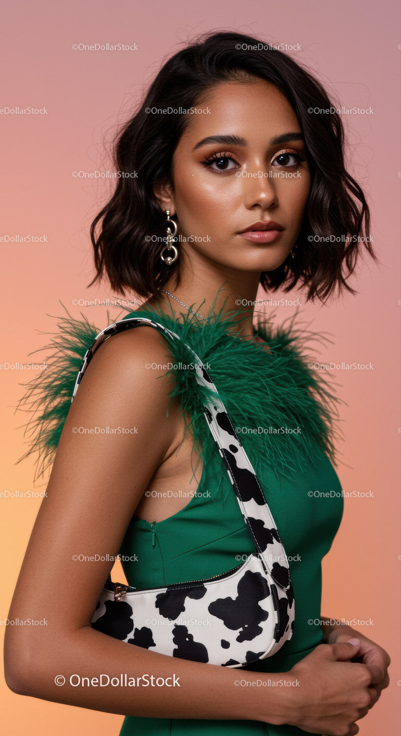 Elegant Woman with Green Dress and Cow Print Handbag in Studio