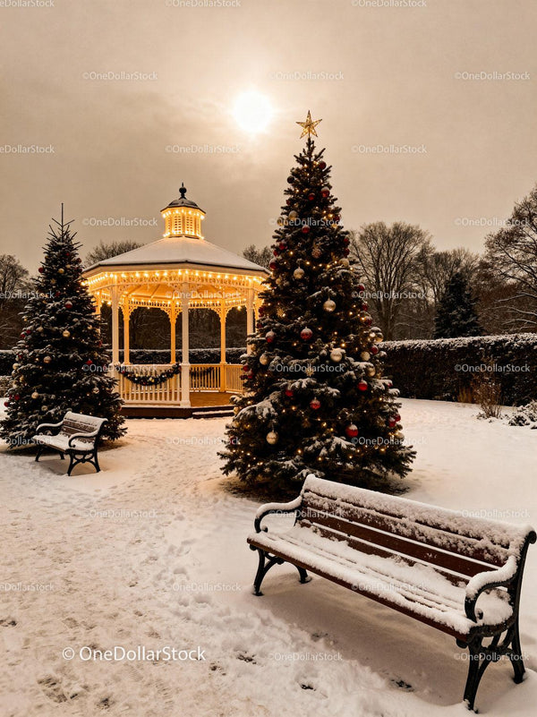 Snowy park with decorated Christmas trees and lit gazebo