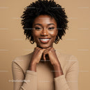 Elegant African American Woman with Curly Hair Smiling in Studio