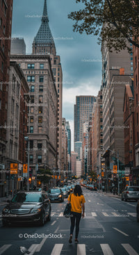 Bustling New York City Street Scene with Skyscrapers and Pedestrian