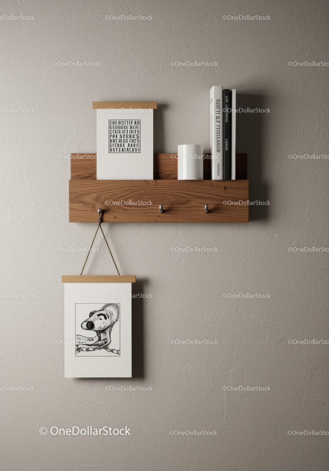 Wooden Wall Shelf with Picture Frame and Books in Modern Minimalist Interior