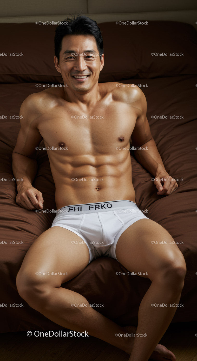 Smiling fit man relaxing on bed in white underwear