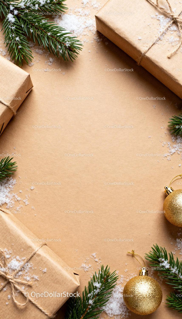 Rustic Christmas Gifts and Evergreen Branches with Snow