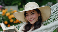 Young Woman Relaxing on Hammock with Straw Hat in Garden