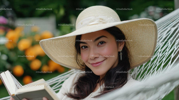 Young Woman Relaxing on Hammock with Straw Hat in Garden