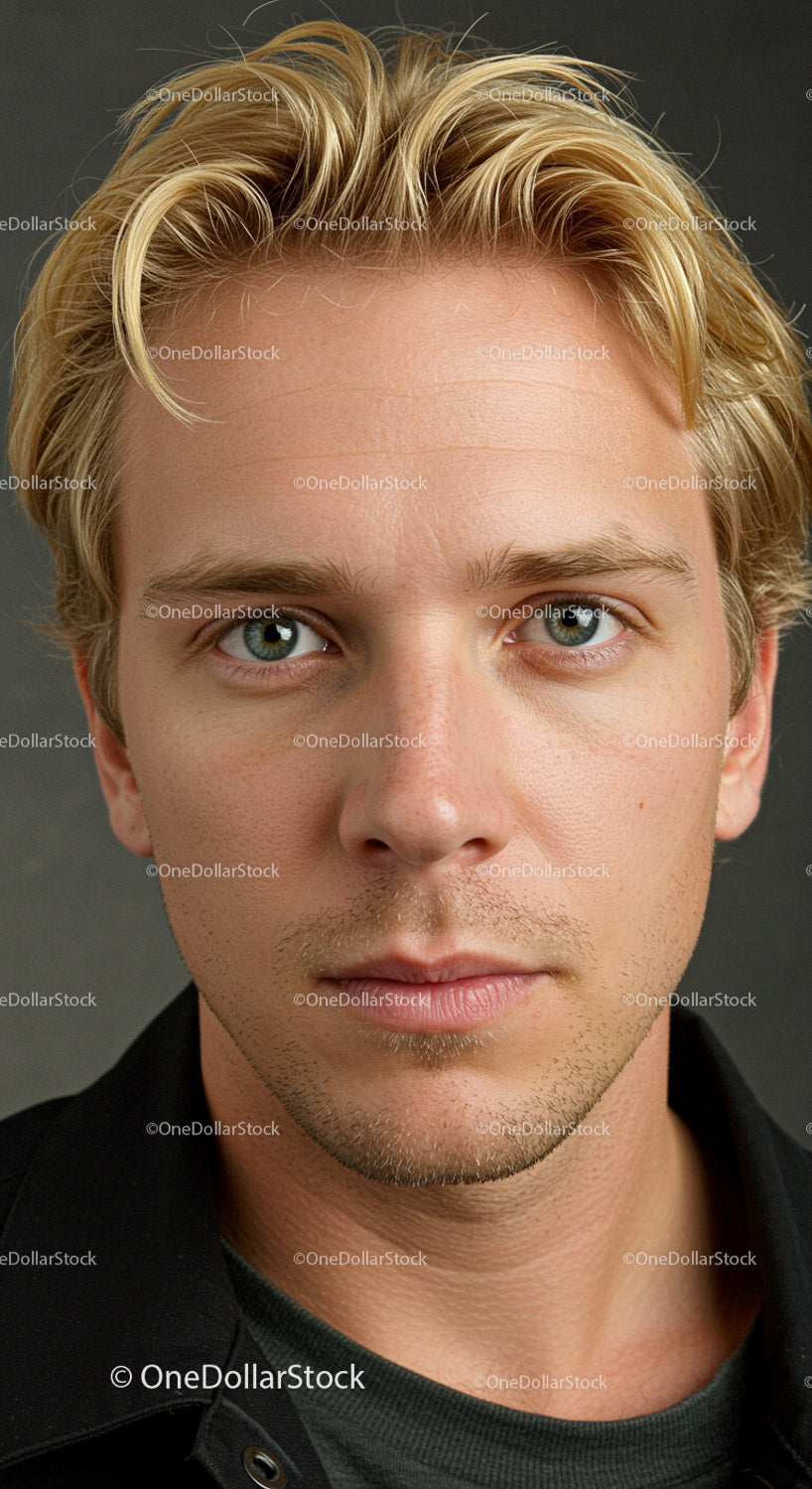 Close-up of a young man with blonde hair and blue eyes