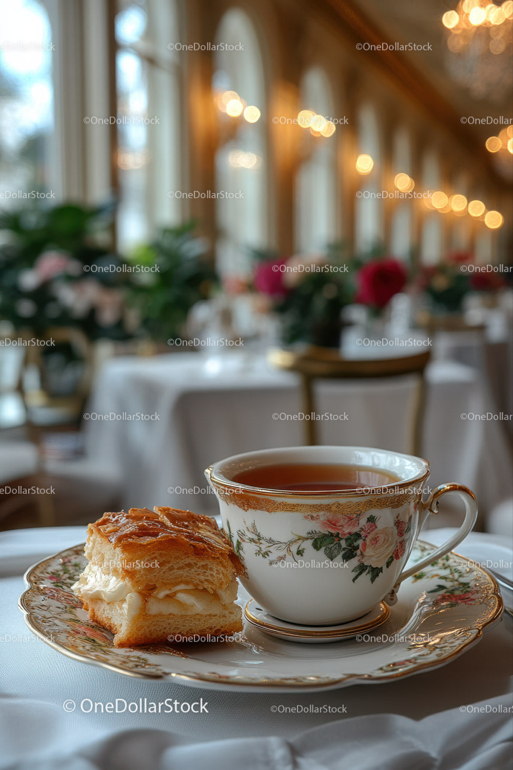 Elegant Tea Setting with Floral Cup and Pastry in a Luxurious Restaurant