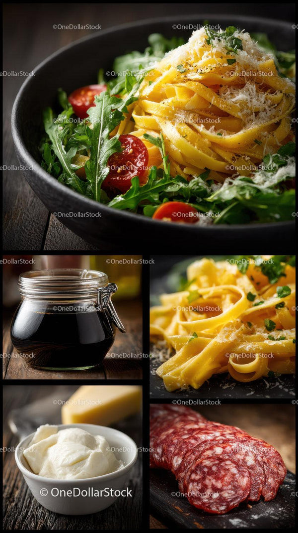 Świeża sałatka z mieszanych sałat z pomidorkami koktajlowymi i makaronem fettuccine