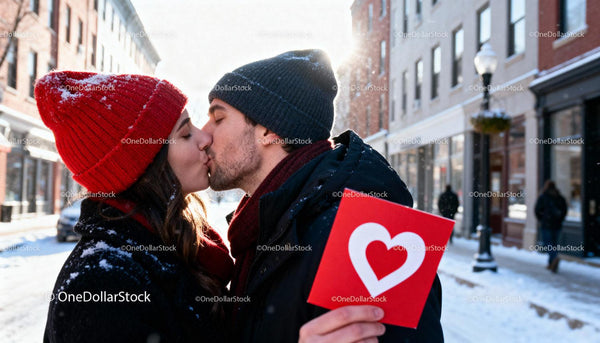 Couple sharing a tender kiss with heart card on snowy street