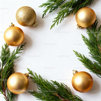 Golden Christmas ornaments and evergreen branches frame