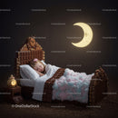Little girl peacefully sleeping in chocolate bed under moon