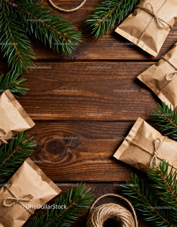 Rustic Christmas gifts with pine branches on wooden table