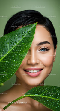 Young Woman with Bright Smile Half-Hidden Behind Dewy Green Leaves