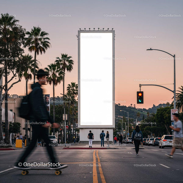 Evening Urban Scene with Skateboarder and Blank Billboard JPG Mockup Image