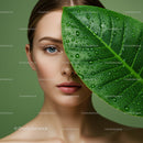 Portrait of a Woman with Large Green Tropical Leaf and Water Droplets