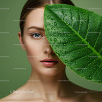 Portrait of a Woman with Large Green Tropical Leaf and Water Droplets