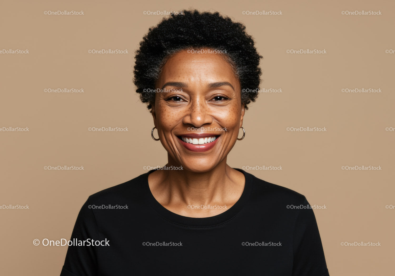 Confident Smiling Woman with Afro Hair Wearing Black Top