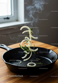 Sizzling Onions and Rosemary Tossed in Cast Iron Skillet