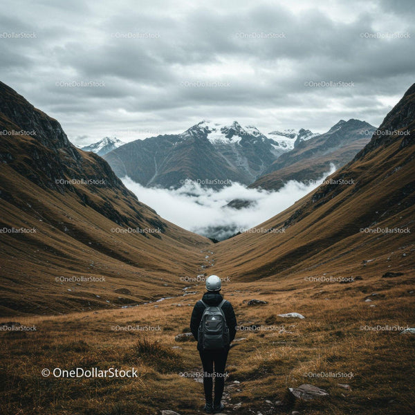 Majestic Mountain Valley Landscape with Hiker and Snow-Capped Peaks