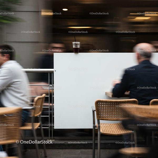 Cold drink left on dividing wall in busy cafe scene JPG Mockup Image