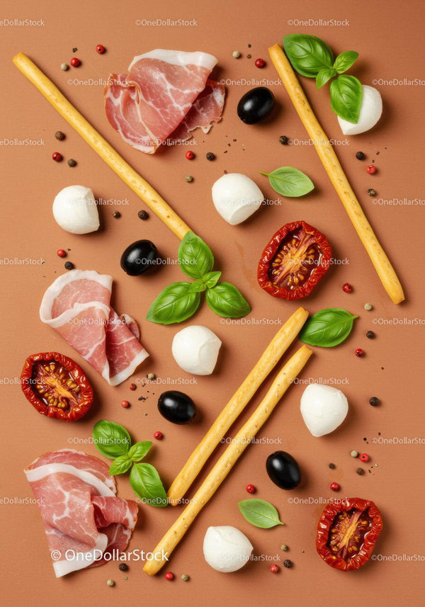 Italian antipasto ingredients with prosciutto and basil