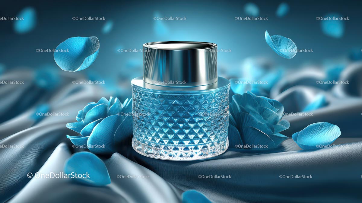 Elegant Blue Cosmetic Jar Among Delicate Petals