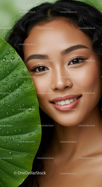 Smiling Woman with Dark Hair Behind Green Leaf Water Droplets Close-Up