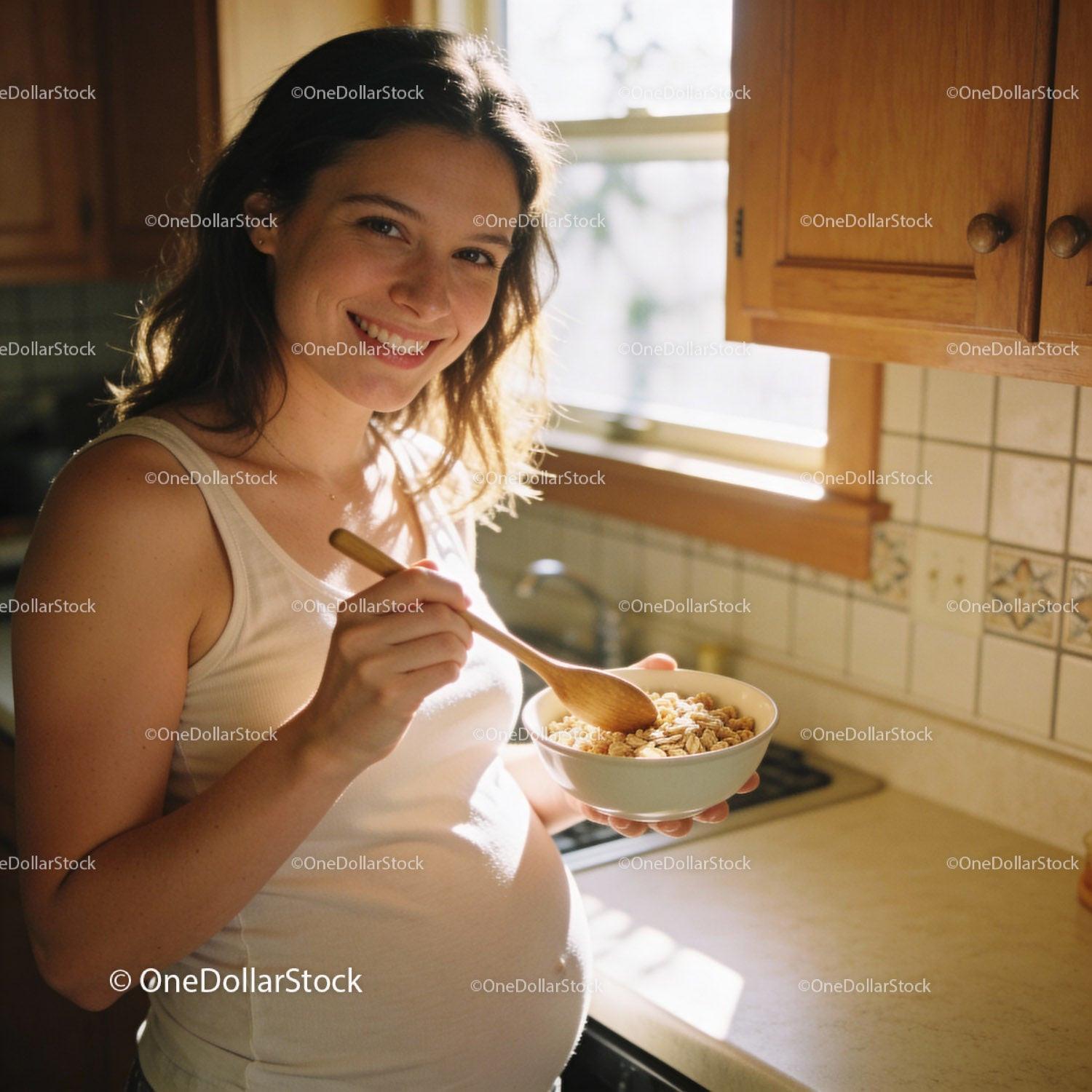 Pregnant woman enjoying healthy breakfast in cozy kitchen