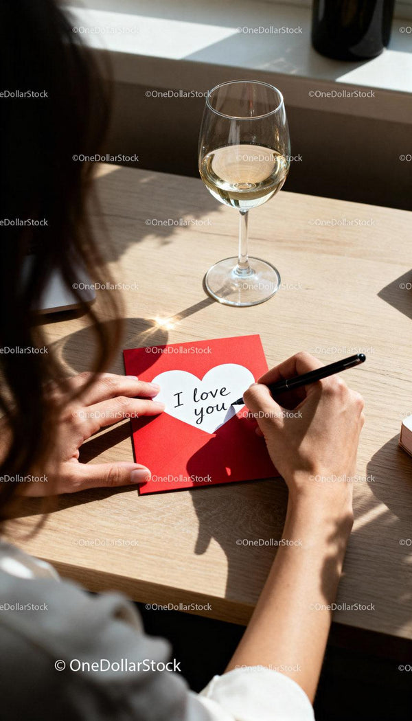 Writing a Heartfelt Love Note with White Wine Glass Nearby