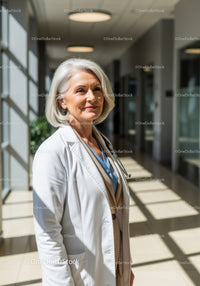 Senior Female Doctor with Stethoscope in Modern Hospital Corridor