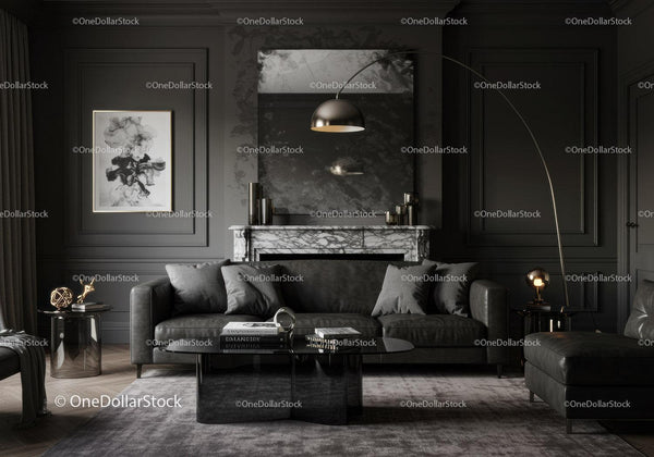 Elegant dark living room with modern leather furniture