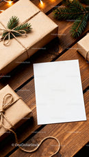 Natural wrapped gifts and blank card on wooden table JPG Mockup Image preview