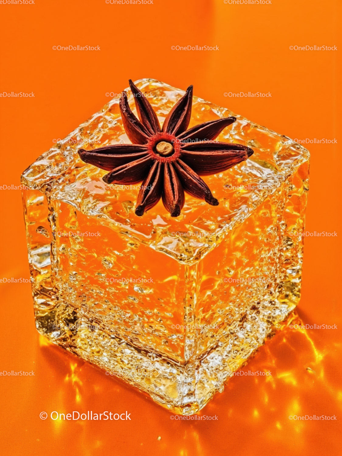Star Anise Resting on a Clear Ice Cube with Orange Glow