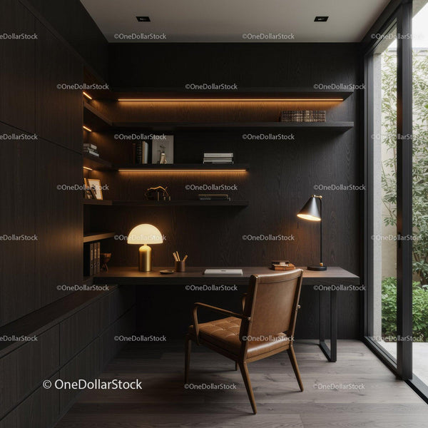 Cozy modern home office with dark wood accents
