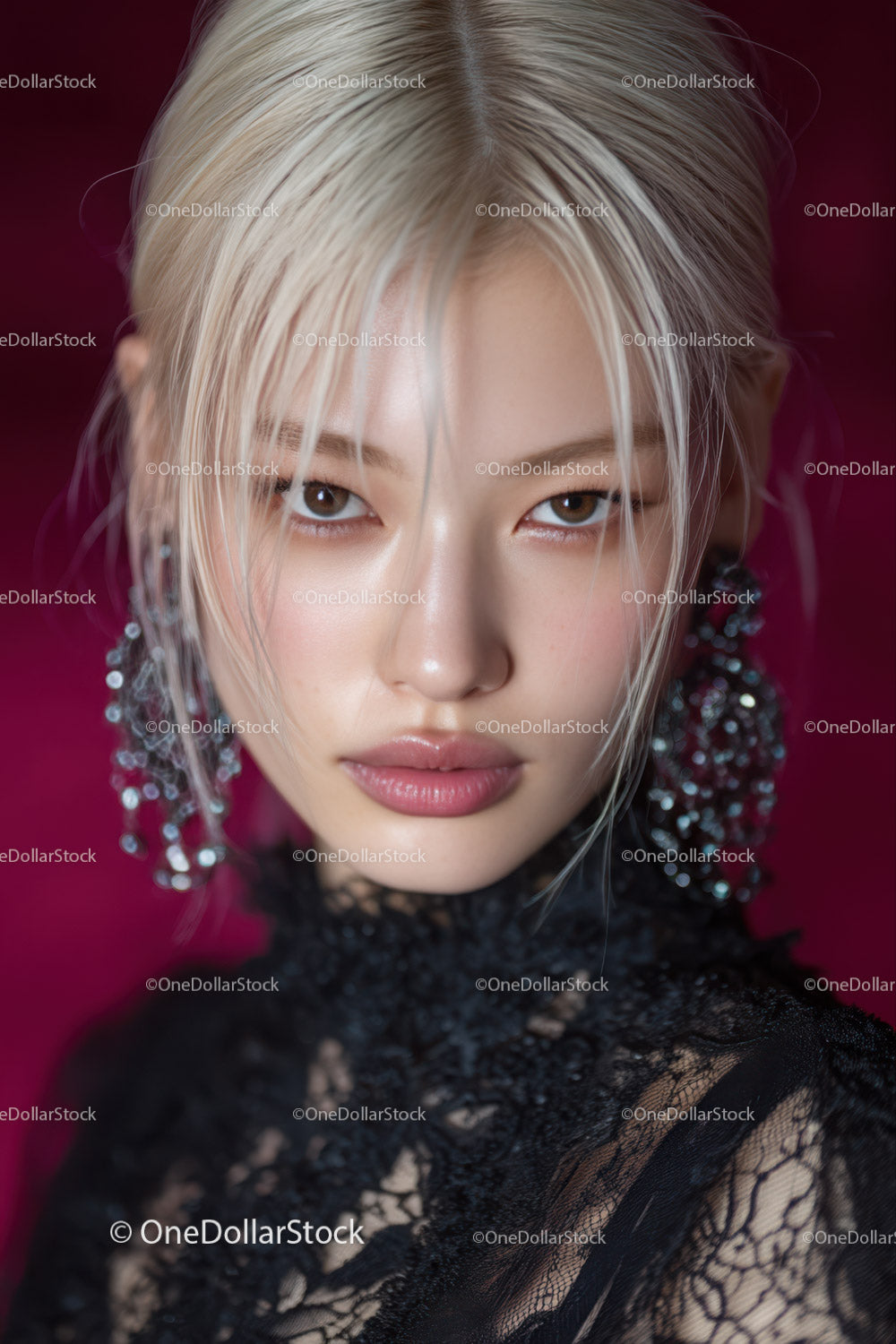 Elegant Young Woman with Platinum Blonde Hair and Lace Dress