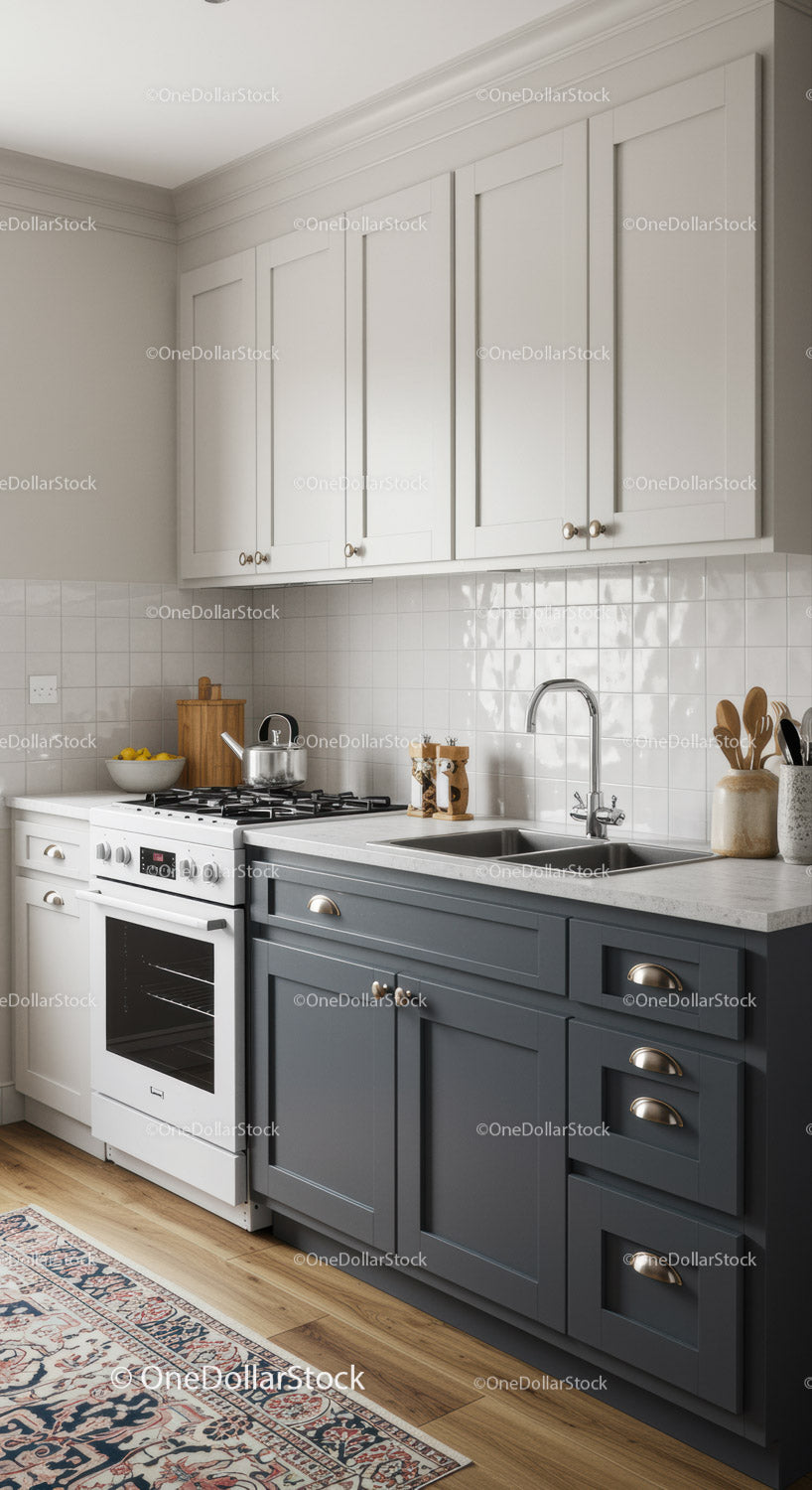 Modern Kitchen with White Cabinets and Grey Drawers in Cozy Home Interior