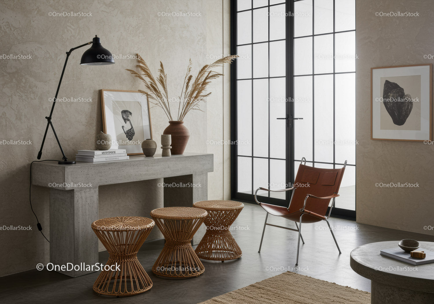 Modern cozy living room with rattan stools and leather chair