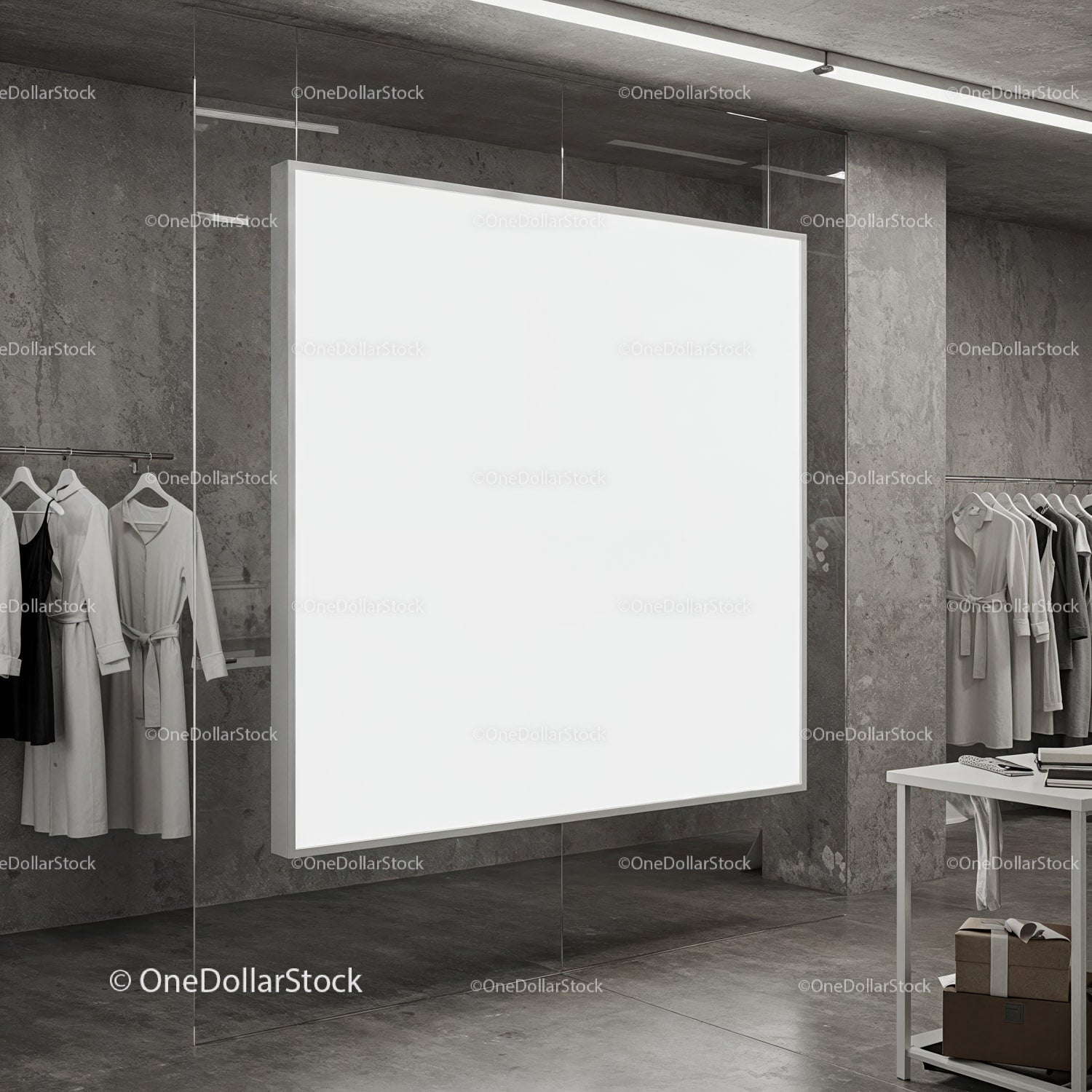 Blank white display board in modern clothing store interior