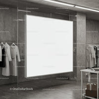 Blank white display board in modern clothing store interior