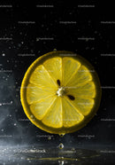 Fresh lemon slice with water droplets on black background