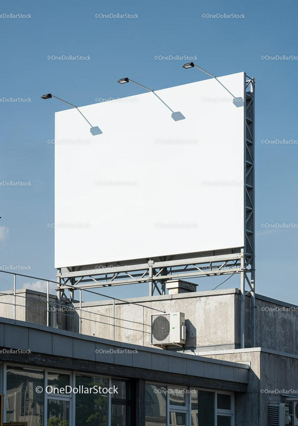 Blank White Billboard Above Urban Building On Clear Day JPG Mockup Image