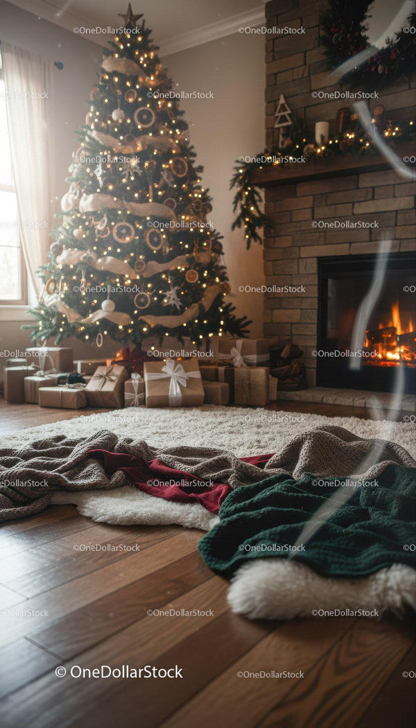 Cozy Living Room with Christmas Tree and Fireplace Glow