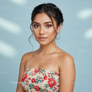 Elegant Young Woman Portrait with Floral Dress and Natural Makeup