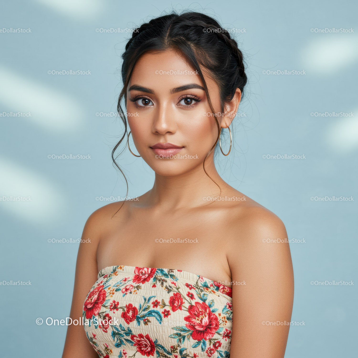 Elegant Young Woman Portrait with Floral Dress and Natural Makeup