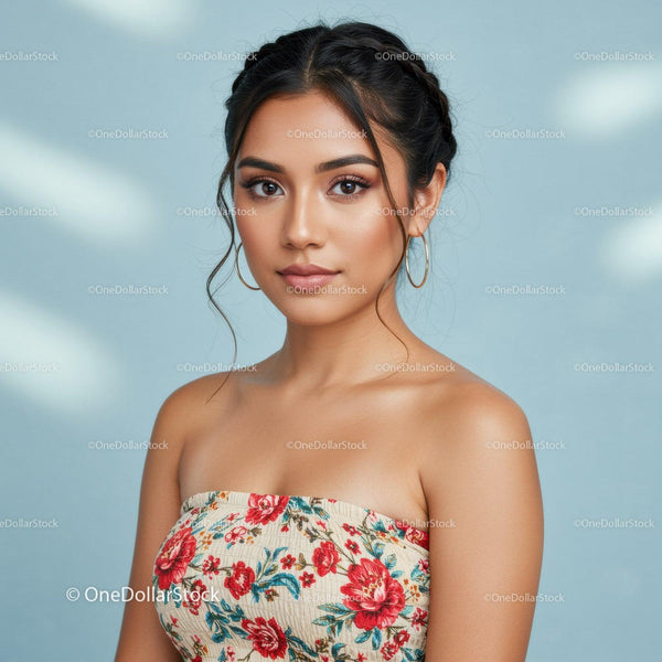 Elegant Young Woman Portrait with Floral Dress and Natural Makeup
