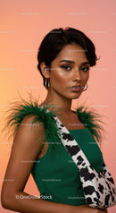 Elegant Woman in Green Dress with Cow Print Accessory and Feather Details